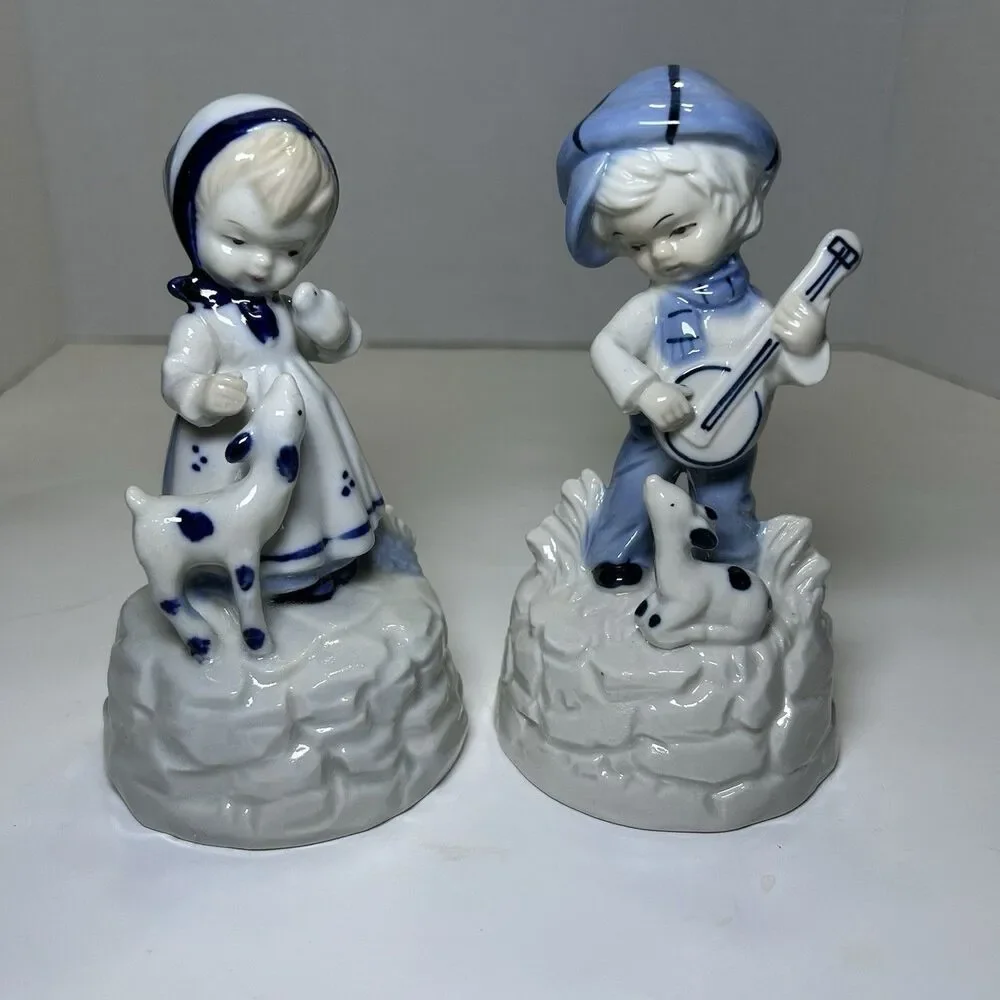 Vintage Porcelain Little Boy And Girl Figurine White/Blue (2 Piece Set) Decor